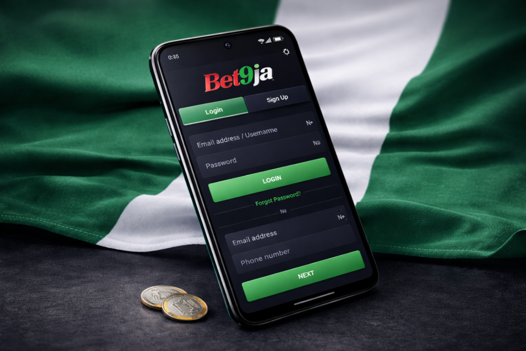 Android smartphone displaying the Bet9ja mobile app login and registration screen with email and password fields, illustrating the app login and registration guide for Nigerian players.