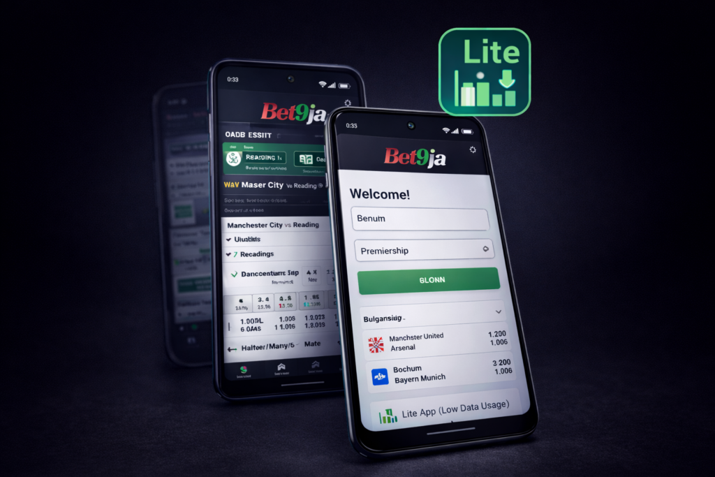 Android smartphones displaying the old Bet9ja mobile app interface and the new lite version optimized for low data usage in Nigeria, illustrating old mobile app vs new version comparison for Nigerian players.